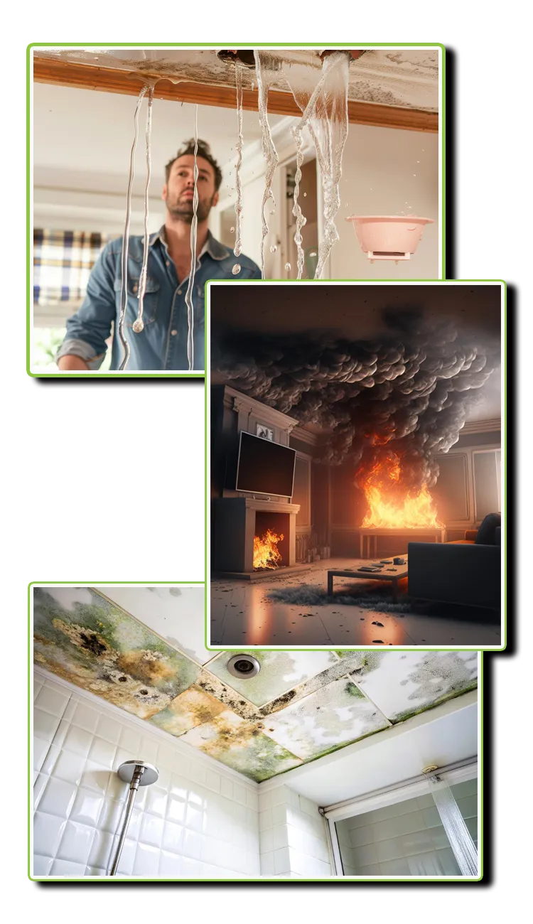 A representation of water damage, fire damage, mold damage