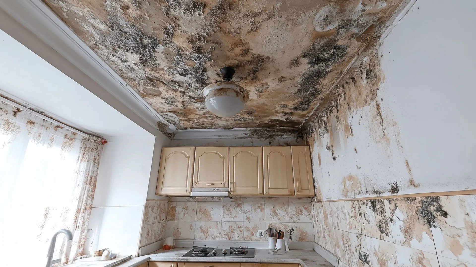 a kitchen full of mold on the walls and ceiling