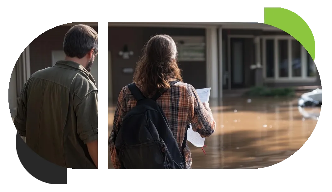 a family looks at the flooded waters that have entered their home