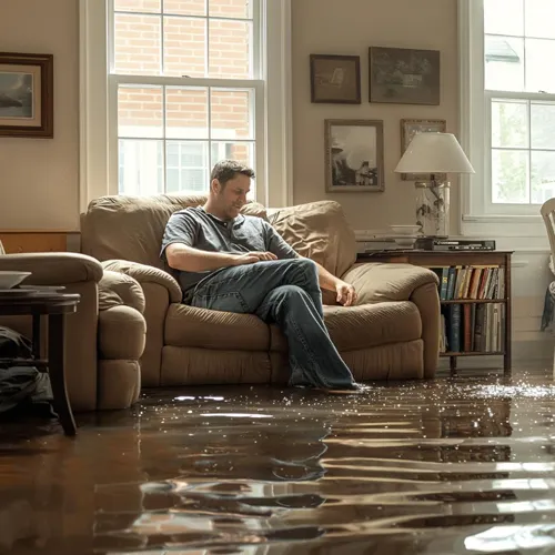 Man sitting in a living room full of water needing water damage restoration