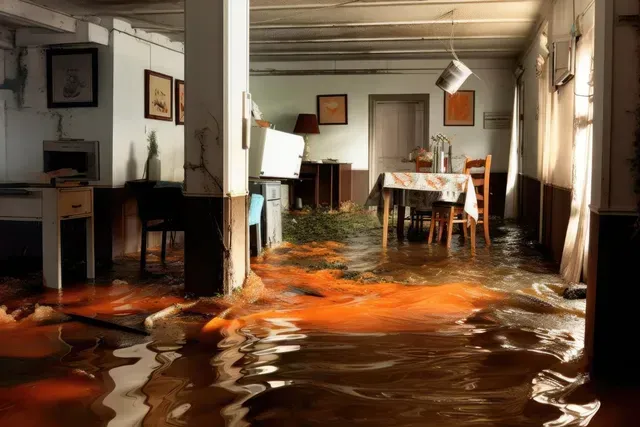 A home has been ravaged by flood waters